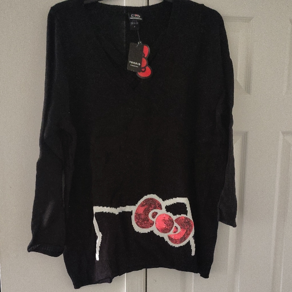Torrid Hello Kitty Black V-Neck Sweater with Red and White Bow Accent